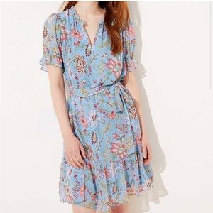 Loft Blue Garden Tie Waist Flounce Dress